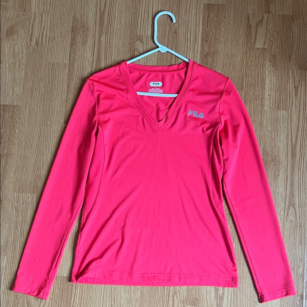 FILA Women's Vibrant Pink V-Neck Long Sleeve Tee